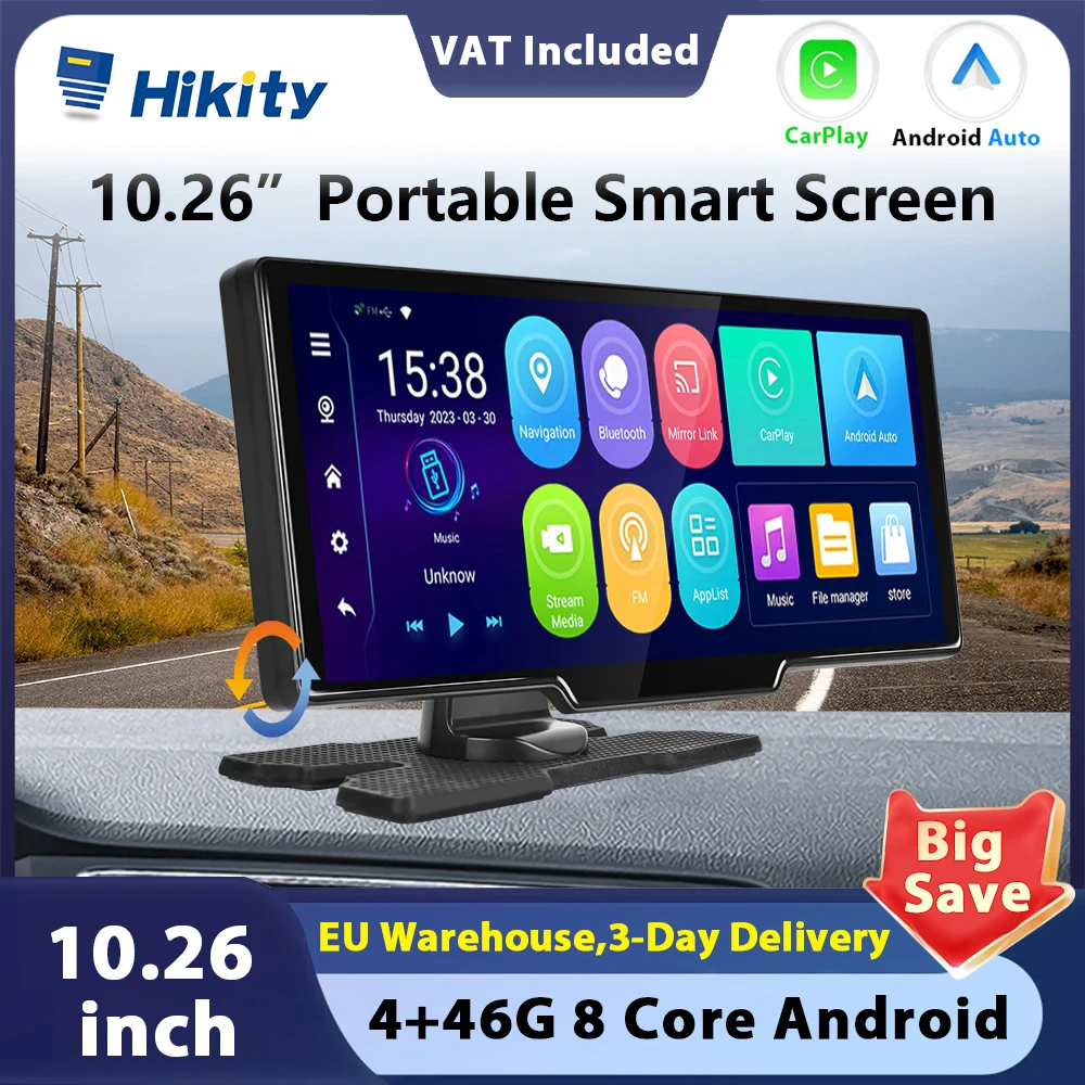 Hikity 10.26 inch 4+64G Android HD Screen CarPlay Car Video Player Android Auto DVR GPS Navigation Dashboard For Nissan Toyota