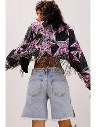 Chaqueta corta con borlas y estampado de estrellas para mujer, cárdigan de manga larga con borde de piel, estilo Punk y gótico, Primavera, 2024