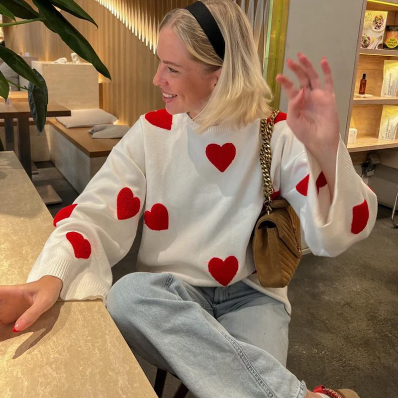 2023 Sweet Heart Sweater For Women Fashion Cute Vintage Loose Knitted Pullover Knitwear Long Sleeve O-Neck Female Chic Lady Tops