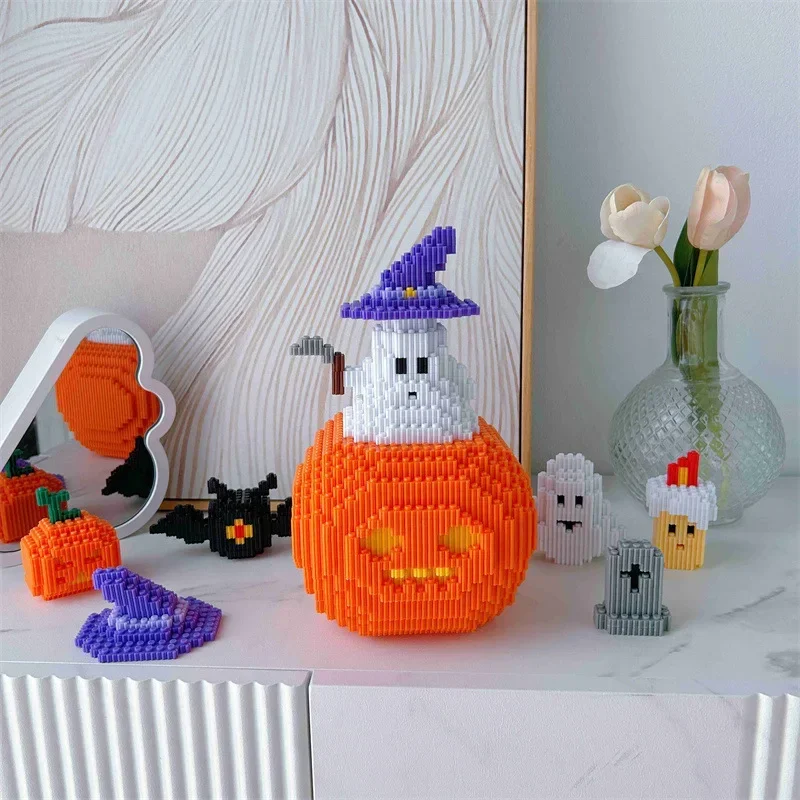 Halloween magiczne klocki do budowy czarny kot zabawkowy model straszna dynia 51cm zmontowane mini cegły rysunek do dekoracji sklepu domowego