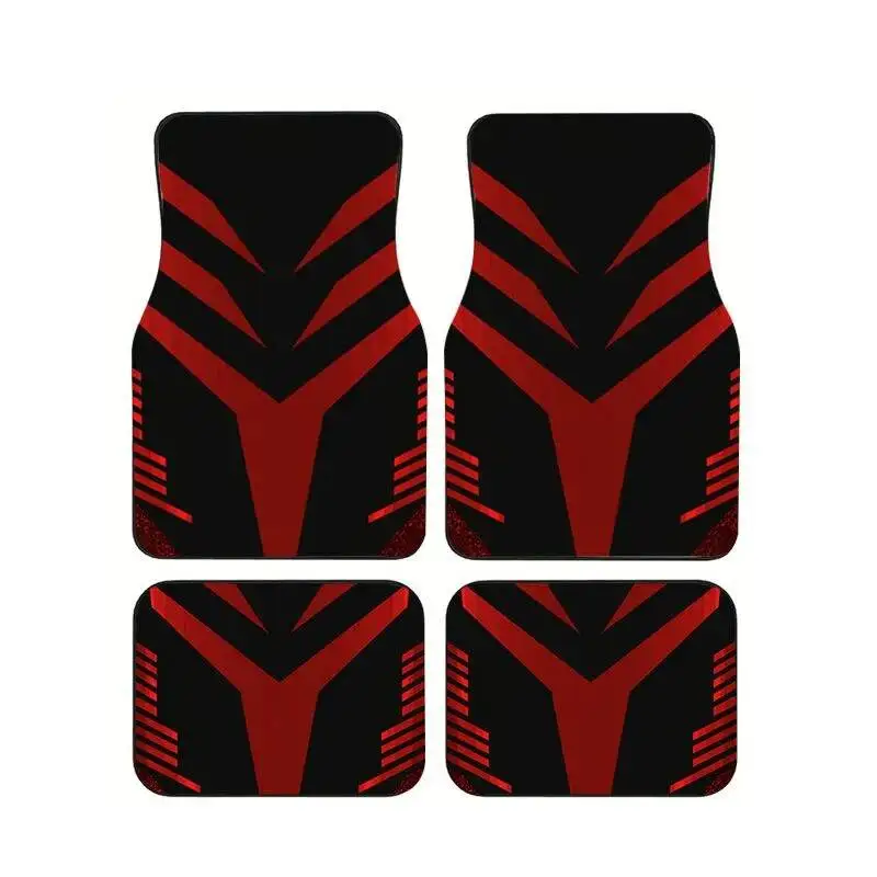 

4Pcs Red Black Mecha Geometric Car Floor Mats Universal Durable Polyester Auto Foot Carpets All Vehicles Non-Slip Accessories