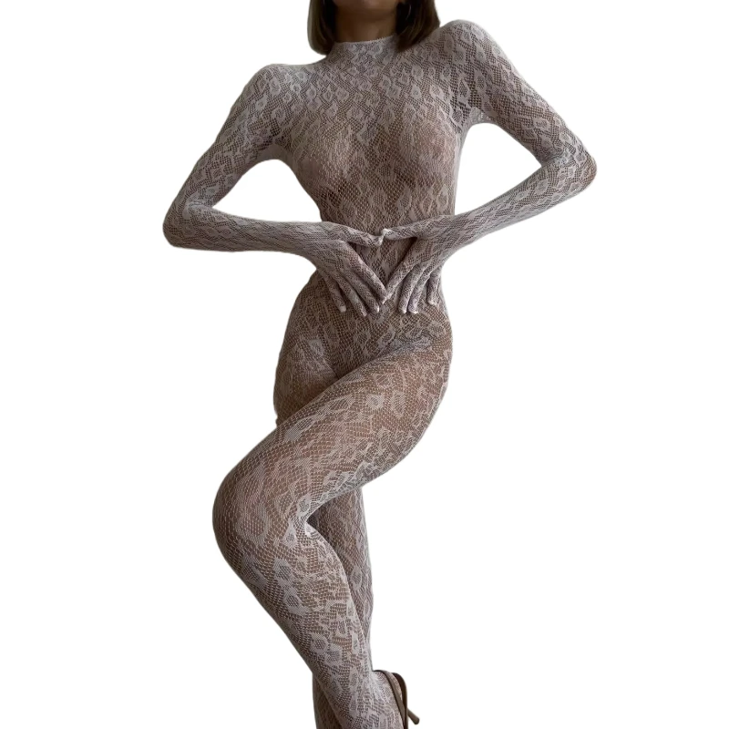 Sexy Female Lingerie Fantasy Closed Crotch Backless Sheer Long Sleeve Jumpsuit, Nightwear Party Clubwear Adult One-piece Bodysui