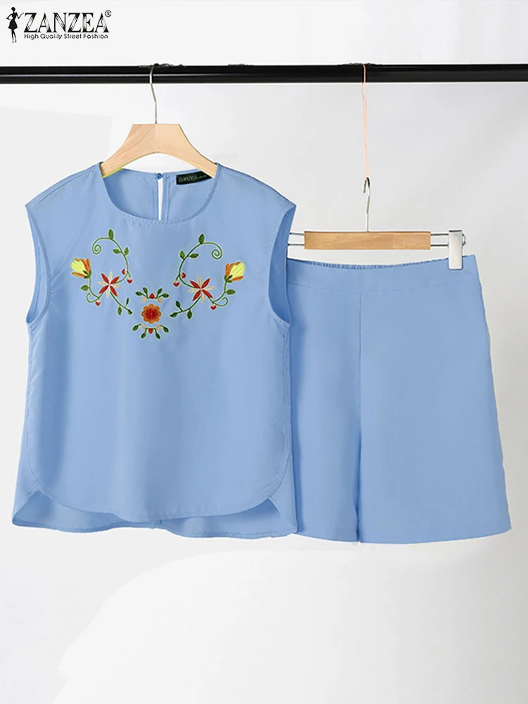 Summer Trackuits 2PCS Women Shorts Suit O Neck Sleeveless Tops Elastic Waist Pant Sets 2024 ZANZEA Casual Floral Matching Sets image 4