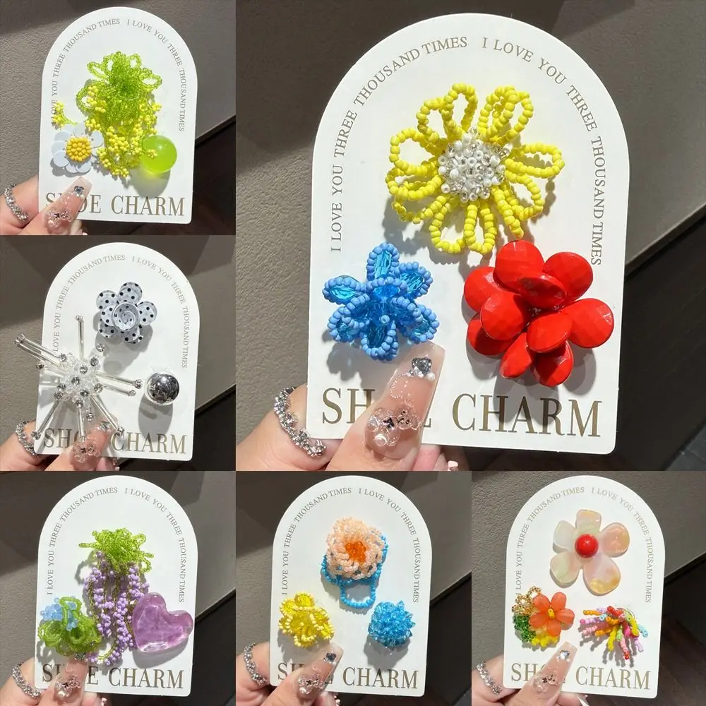 3pcs/set Flower Bead Chain Crystal Shoe Charms Tassel Pearl Sparkling Jelly Flower Charm Korean Style Elegant