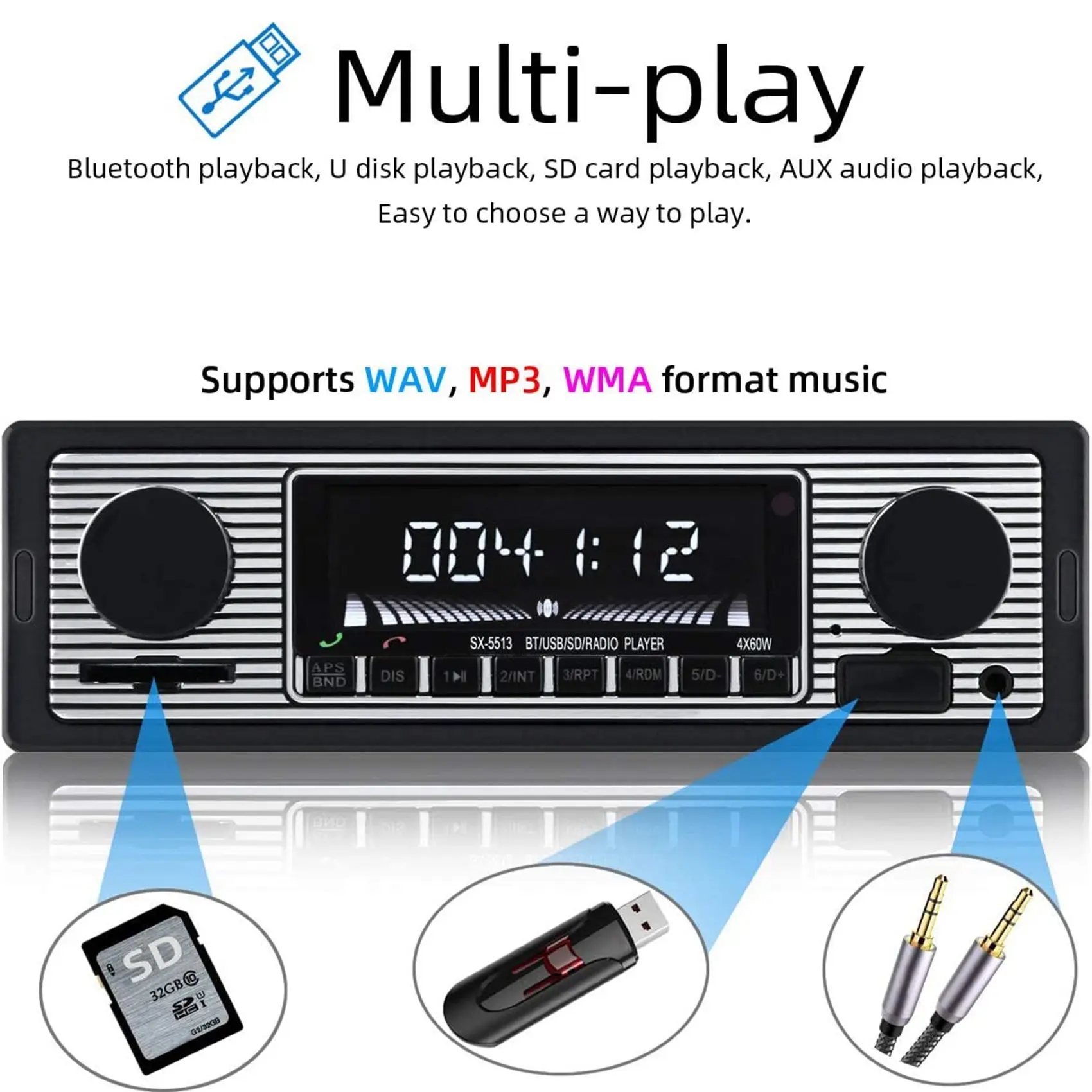 1 DIN Retro Car Stereo Audio Automotive Bluetooth with USB USB/SD/AUX Card FM MP3 Player PC Type:-5513