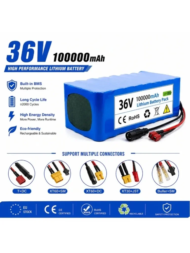 36V 100Ah Lithium-Ionen-Akku 10S4P 18650 Zellen Smart BMS Wiederaufladbarer Akku für Elektroroller Schneller Versand EU