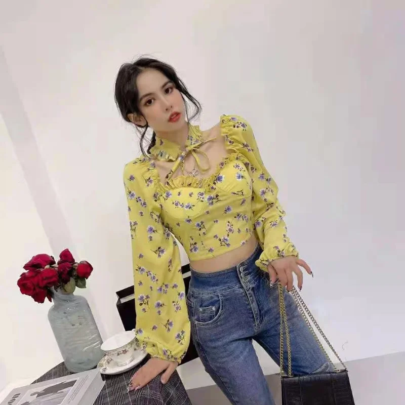 

Gothic Elegant New T-shirts 2023 Spring Sweet Floral Print Folds Ears Short Chiffon Women's Clothes Slash Neck Puff Sleeve Tops