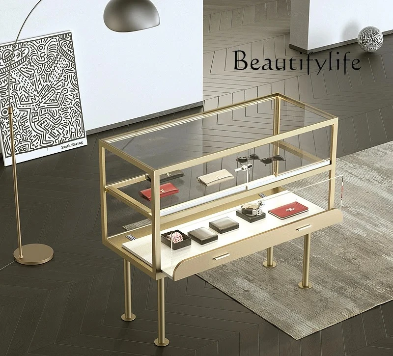 

Stainless steel gold jewelry glass counter jewelry display cabinet Wenwan jade display cabinet window