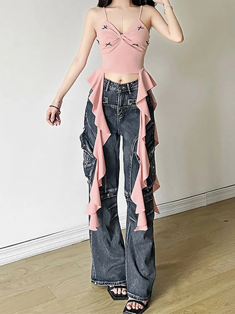 Y2k Cool Girl Dolce Rosa Temperamento Bretelle a nastro irregolari Estate femminile Fiocco carino Slim Fit Personalità Versatile Top corto