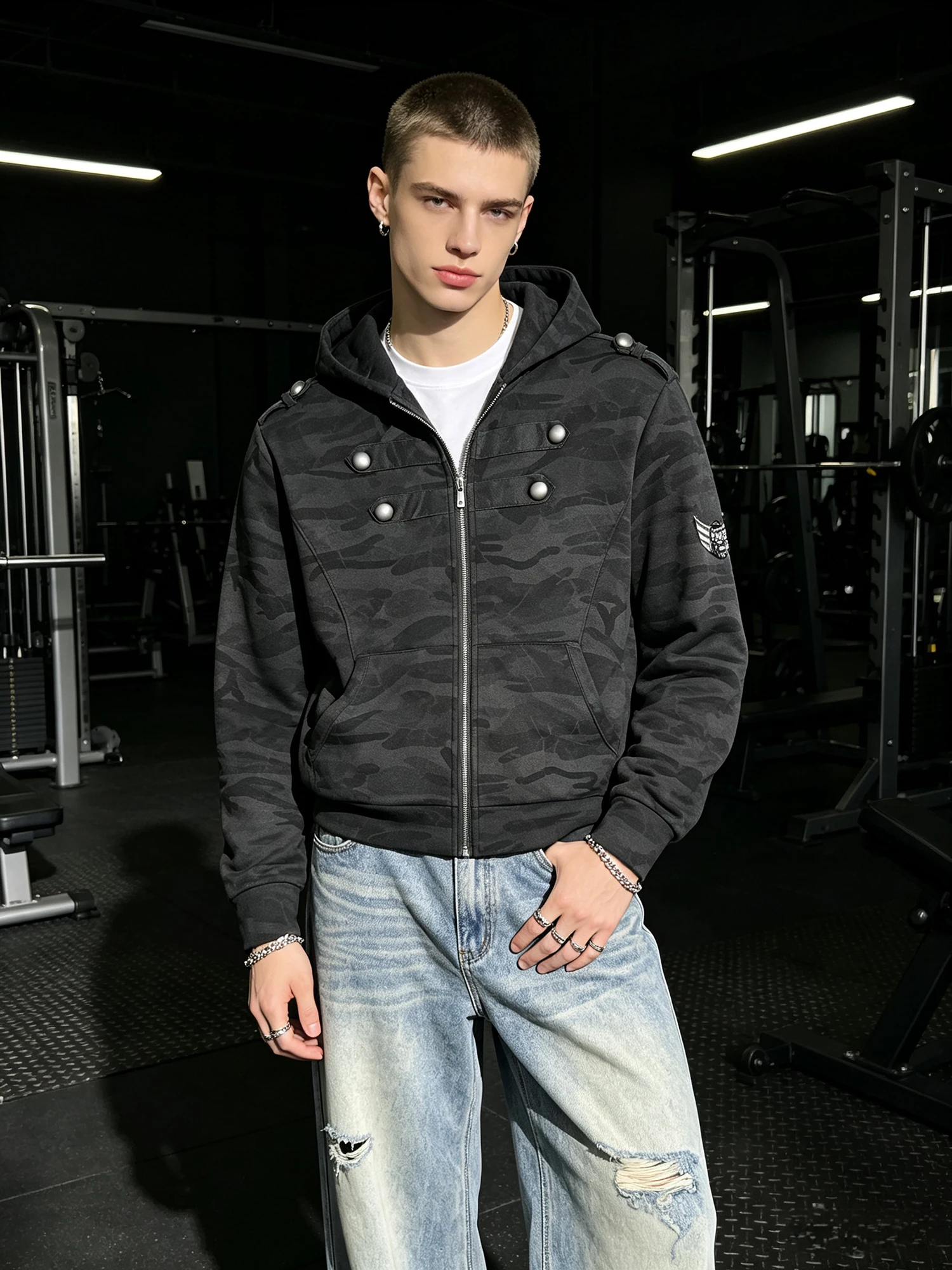Jaqueta Unissex Estilo Casual Moderno com Capuz e Gola Alta, Camuflagem Elemento Fogo, Estilo Napoleão Americano, para Trabal...