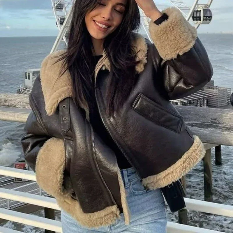 90s vintage moda meninas marrom falso couro shearling jaqueta casaco feminino inverno engrossar forro de pele quente casacos outerwear