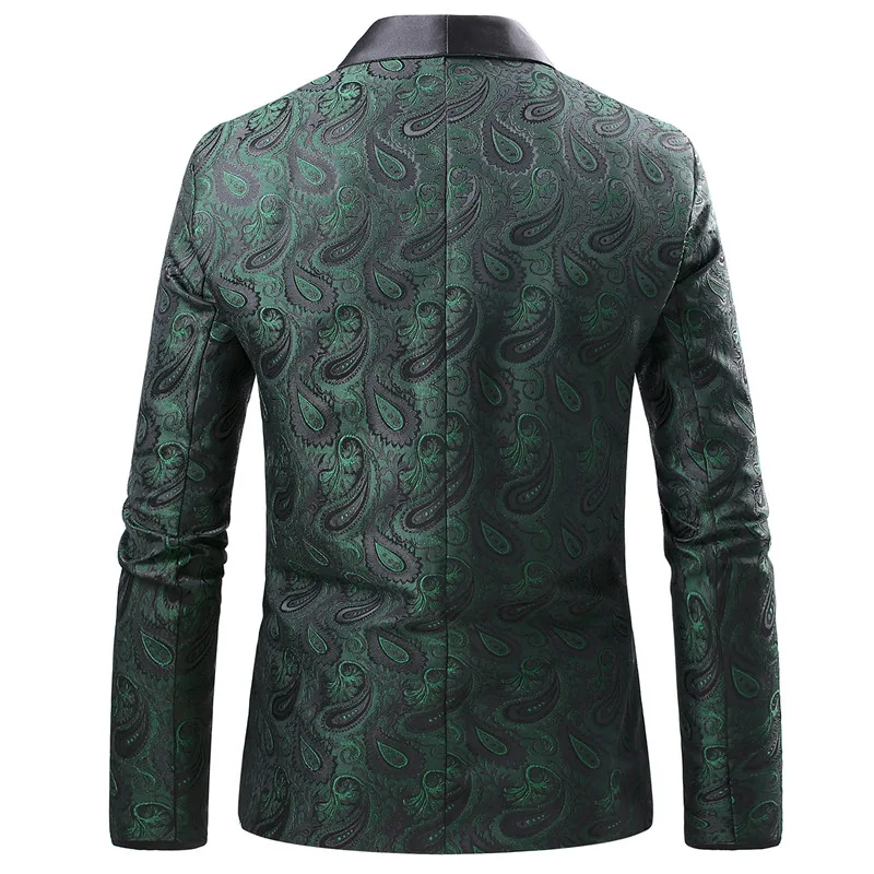 Men Green Jacquard Blazer Black Satin Shawl Lapel Suit Jacket Vintage Party Prom Dress Coats for Wedding Guest & Stage