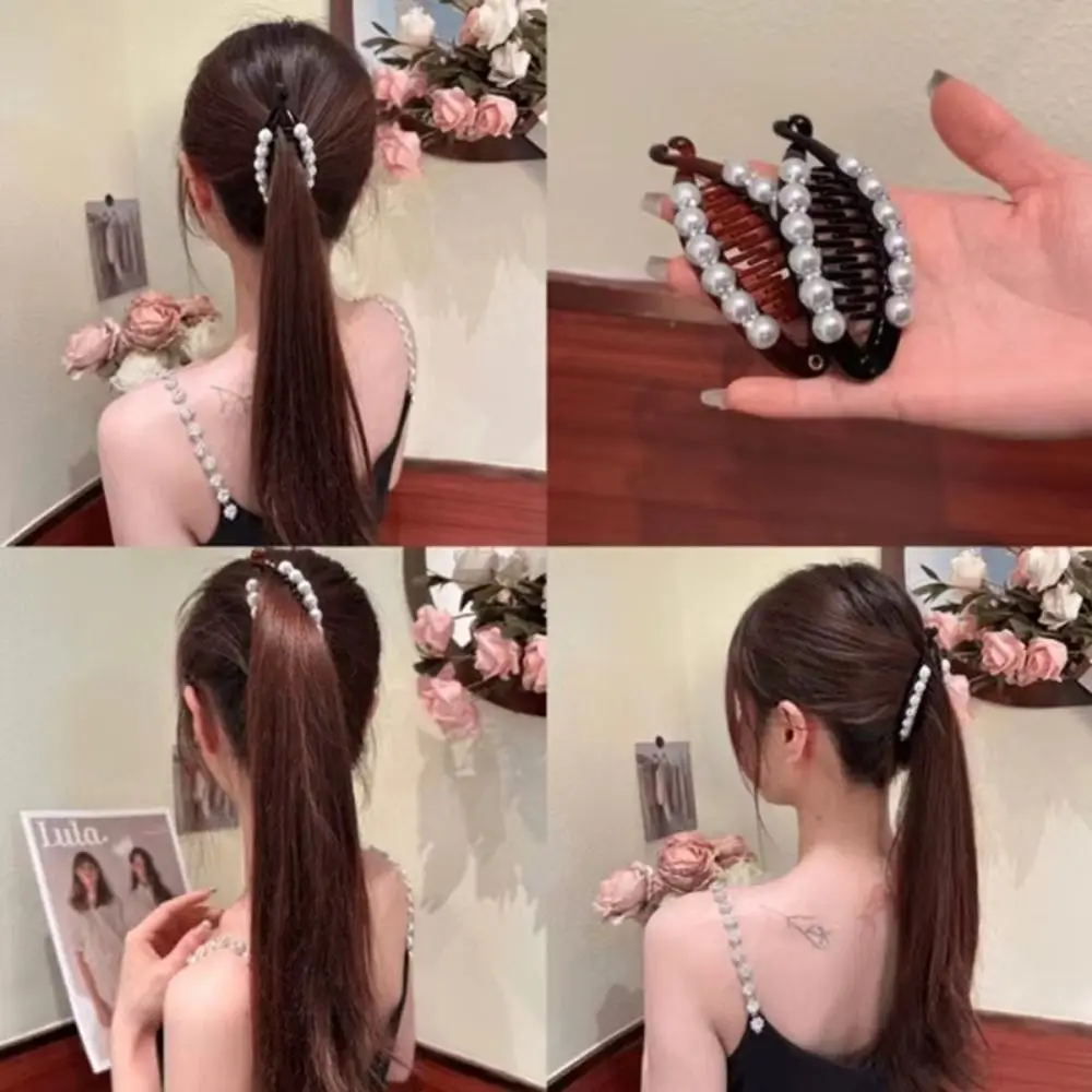 Sweet Korean Style Pearl Banana Clip Hairpin Headwear Plastic Vertical Clip Ponytail Holder Headdress Rhinestone Hair Clip Girls