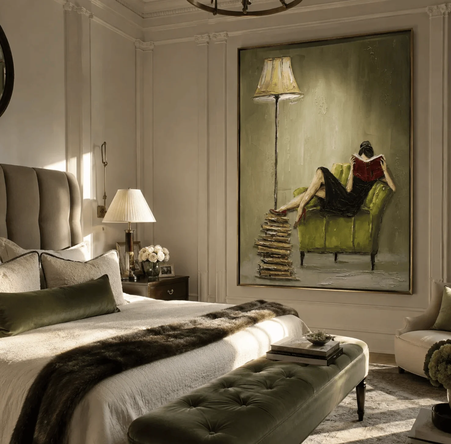 Quiet Hour – Emerald Velvet Reading Nook Painting Elegant Interior Wall Art Canvas Prints Posters Living Room Home Decor