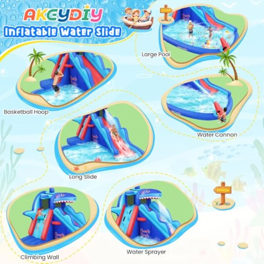 Outdoor/Indoor inflatable water slide bounce house for kids 3-12 shark-themed blue and yellow with climbing wall long slide and view 6