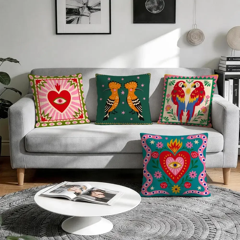 Maximalist Mexican Folk Art Cushion Cover Natural Breathable Durable Linen Printed Decor Pillow Case Sofa Bedroom
