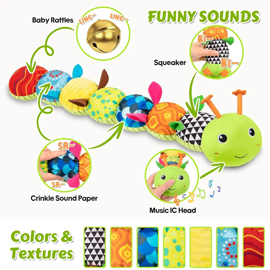 赤ちゃんのおもちゃ ミュージカルキャタピラー 幼児用ぬいぐるみ 0-12ヶ月用 カサカサ音とガラガラ音付き、タミータイム感覚玩具 新生児用