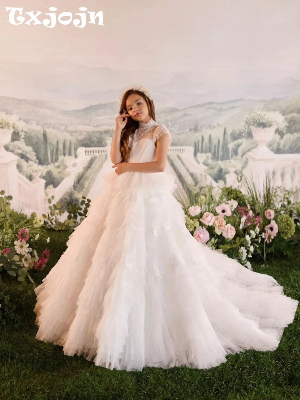 Tiered Lace Beaded Kids Princess Gown Wedding Birthday Party Wear Luxury High Collar Short Sleeve Girls Dresses For Performance