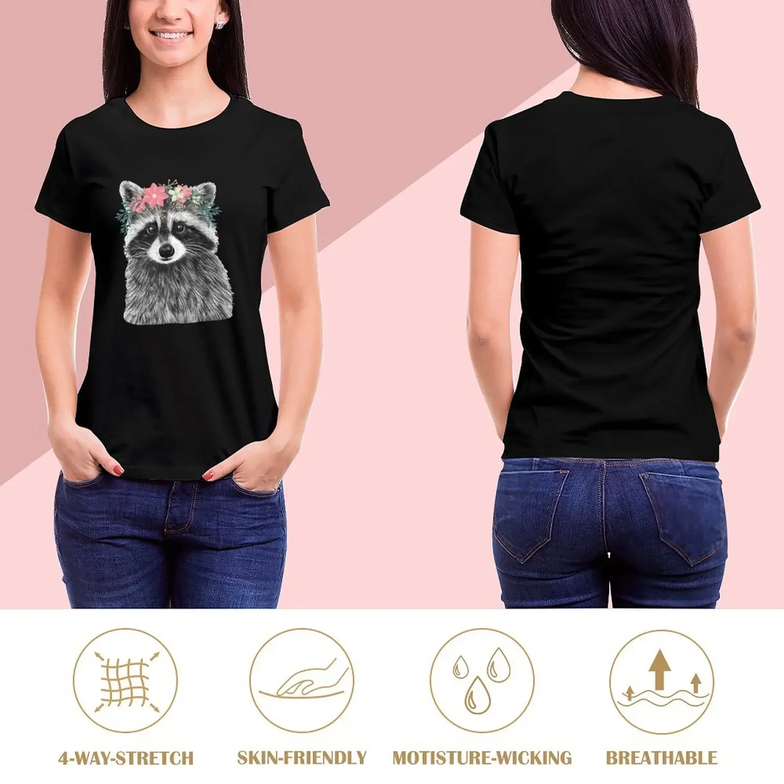 Raccoon Floral Crown Flowers Funny Cute Animal Raccoon Gift T-Shirt plus size tops lady clothes quick drying blacks Women tops