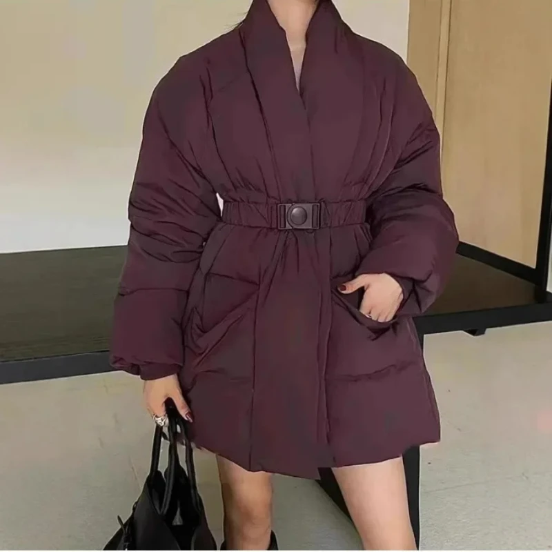 

Свободные куртки с однотонным сращенным поясом для женщин, темпераментные парки с v-образным вырезом и длинными рукавами, женская модная стильная зимняя куртка для женщин