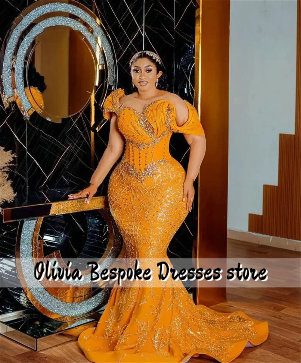 Vivid Orange Mermaid Evening Dresses Beads Crystals Long Sleevs Pleat Mexican Elegant Party Dress For Women 2025 Customized