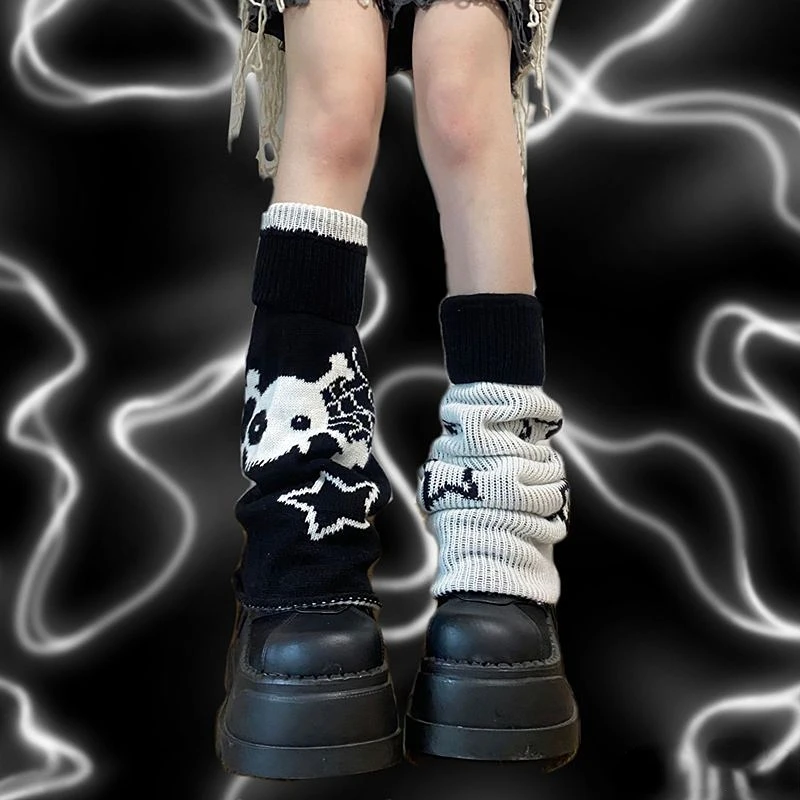 Harajuku Y2k Star Skull Two Side Wear Knitted Leg Warmers Zip Socks Punk Girls Japanese Kawaii Streetwear Leg Cover