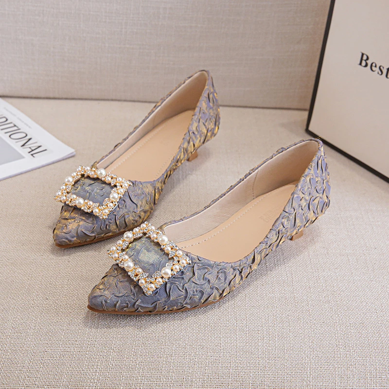 Ivory Textured Satin Pointed Toe Kitten Heel Pumps With Pearl Rhinestone Buckle Elegant Dress Shoes For Office Work Wedding view 3