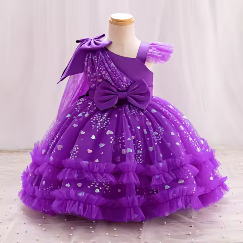 New Single Shoulder Bow Girl's Princess Dress Children's Day Performance Evening Dress Birthday Party Girl's Baby Dress
