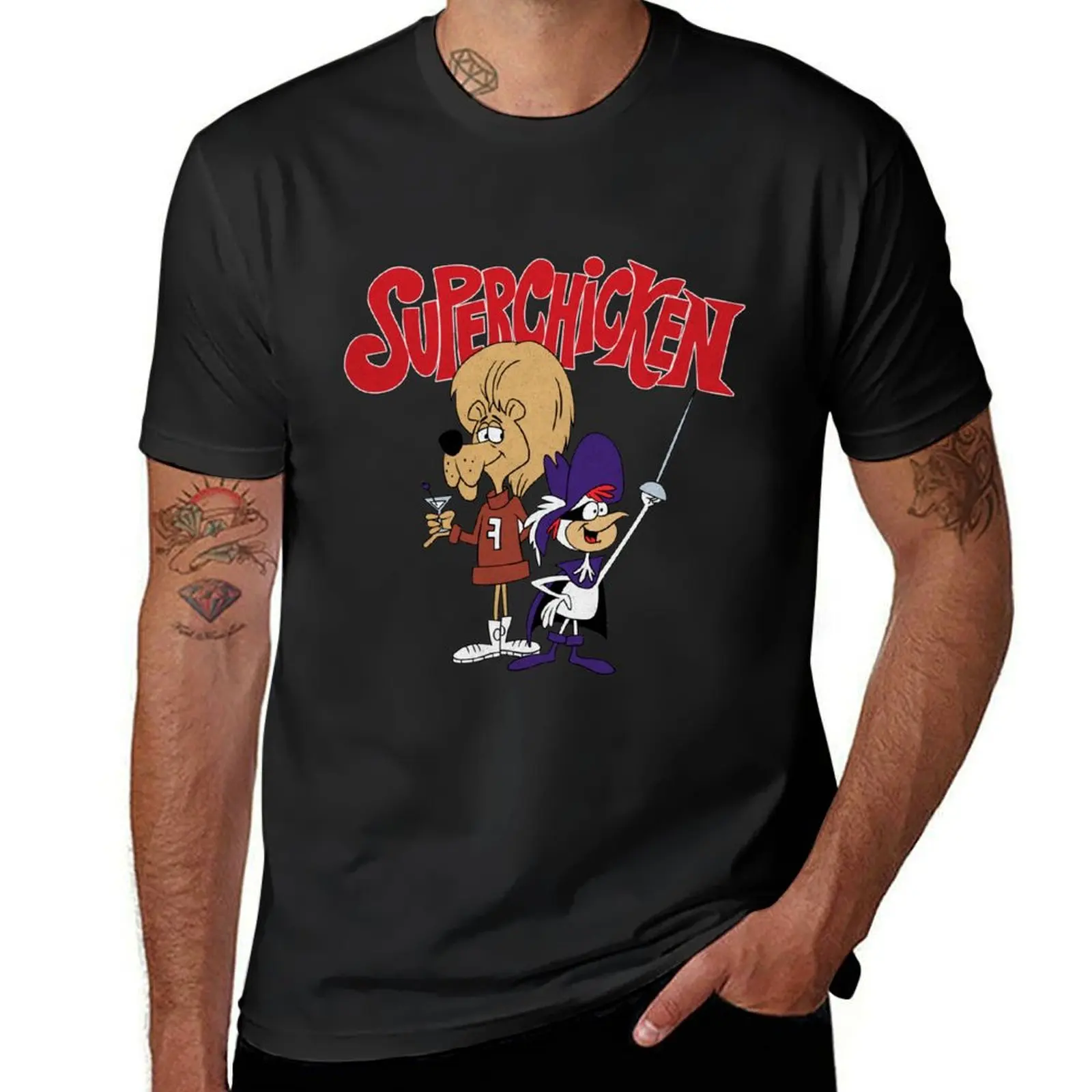 Tribute to Jay Ward's Classic Super Chicken Cartoon with Superchicken and Fred T-Shirt blacks plain mens graphic t-shirts funny