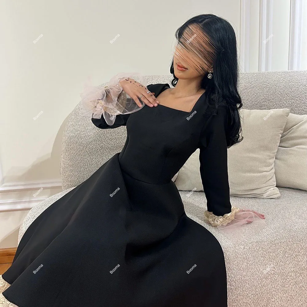 Booma Black Midi Prom Dresses Square Collar Full Sleeves Formal Evening Dresses for Women Satin Lace Tulle Evening Gowns Dubai