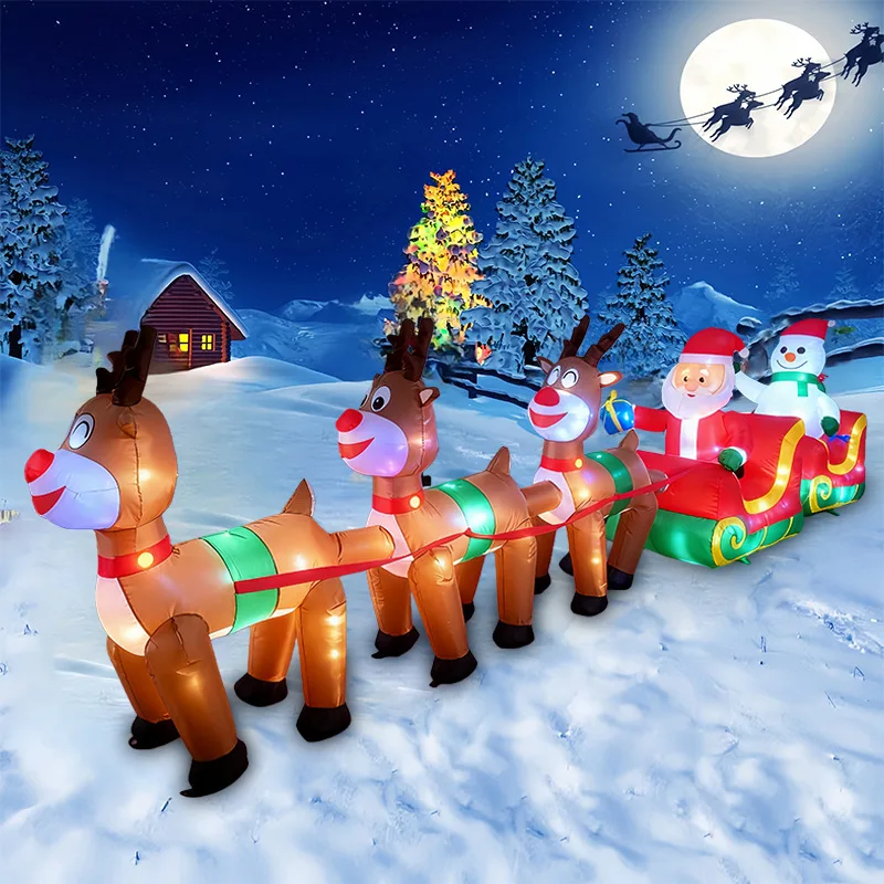 4.2m Eco-friendly Christmas Inflatable Outdoor Three Reindeer Sleigh Santa Claus And Snowman Air Model Patio Decoration