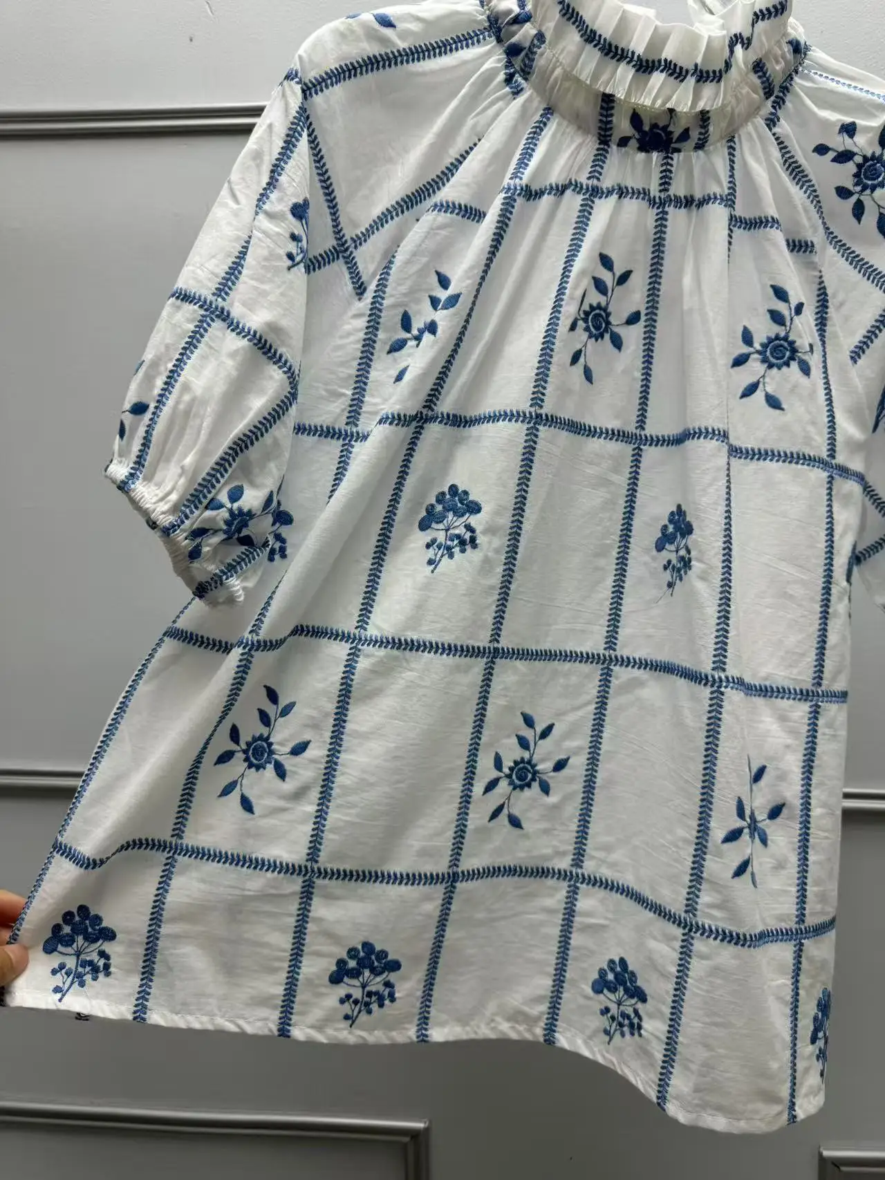 Coton ample irt été 2025 bleu broderie florale ort Sve aérien décontracté Sle coupe droite bulle Sve