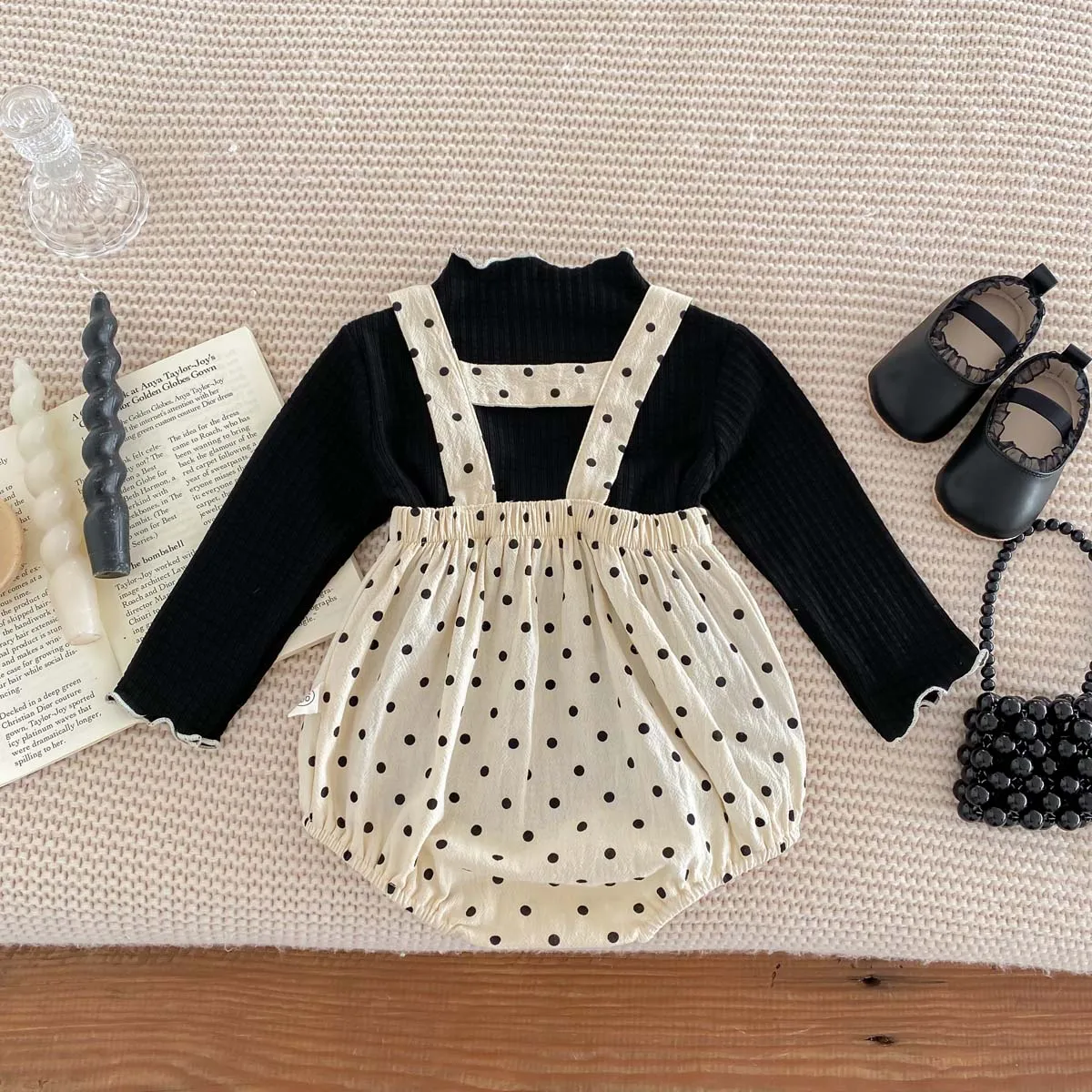 2-piece Baby's Bow Polka Dots Pattern Suspender Overall Skirt + Ribbed Long Sleeve Top, Toddler & Infant Girl's Clothing Set For