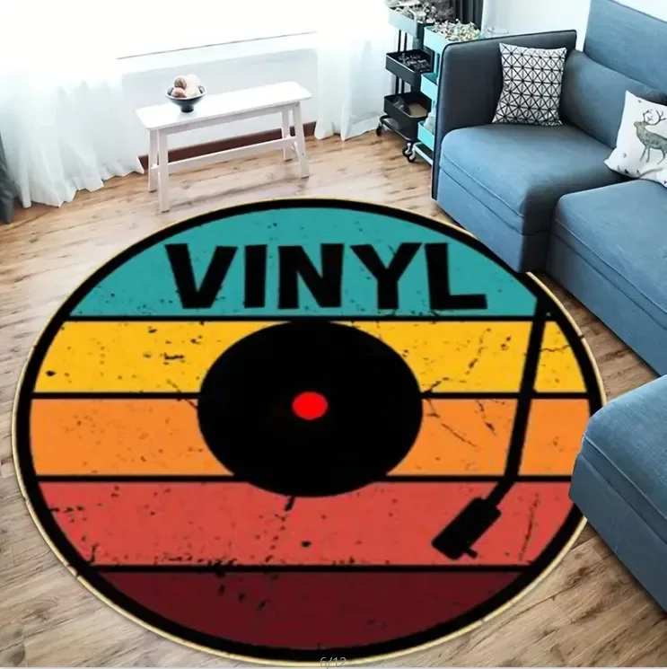 Retro Vinyl Record Round Area Rug Music Lovers Gift Non-Slip Living Room Carpet Vintage Decorative Floor Mat for Bedroom