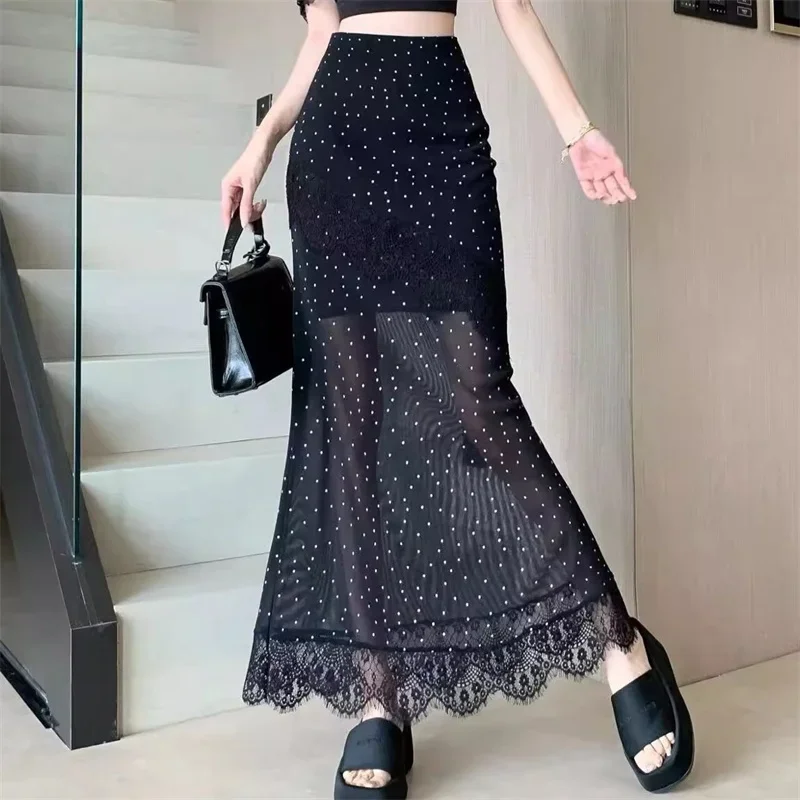 

Новая летняя элегантная кружевная лоскутная юбка женская мода в горошек с высокой талией тонкая трапециевидная прозрачная вечерние юбки-миди одежда