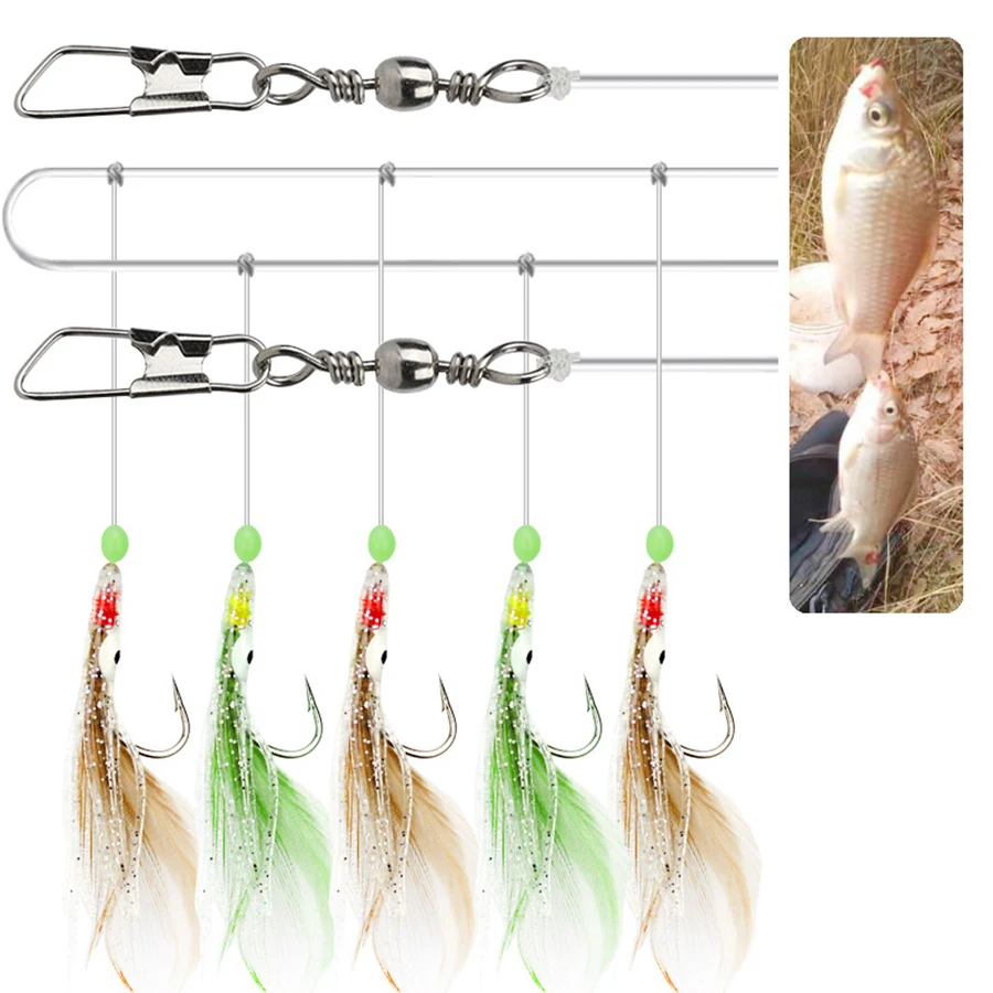 Sabiki Fishing Rigs Baits, Soft Octopus Lure, Luminous Glow Bead, Feather Fish Skin, String Hooks, Saltwater Fishing, 5Pack, 1/0