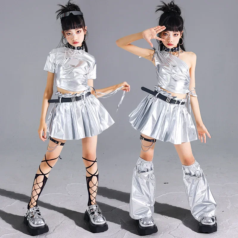 Jazz kpop dança traje meninas prata colheita superior saia plissada conjunto moda passarelas mostrar roupa crianças rua legal streetwear