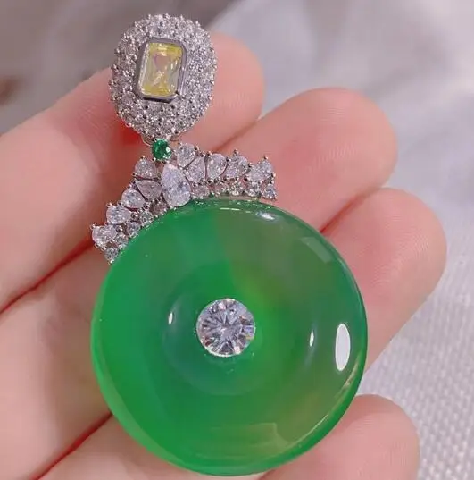 

exquisite 925 silver green Emerald pingan inlay jade chalcedony agate Crystal zircon Rhinestone Jewelry pendnat AAA Grade