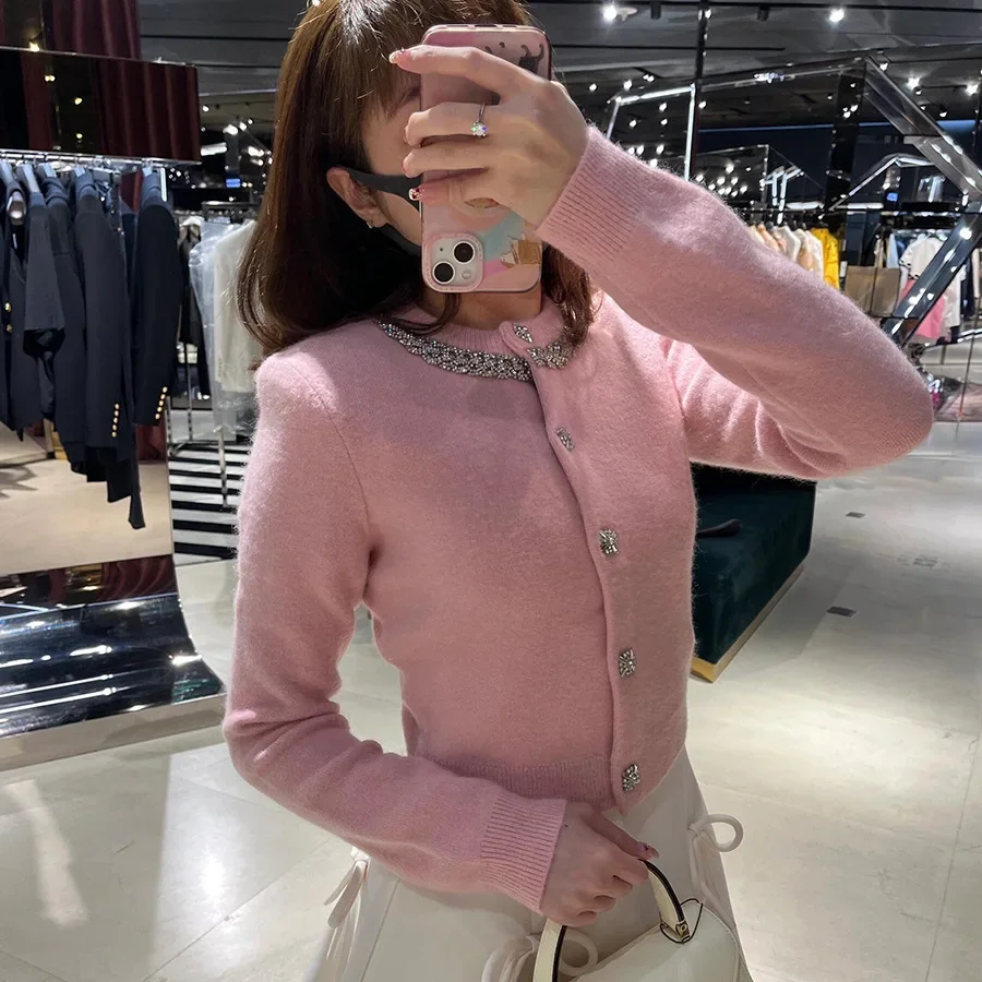 Miu Pink Angora Cardigan Jacket Round Neck Beaded Button Cropped Slims Women's Versatile Top Autumn Thickened Crew Neck Sweater