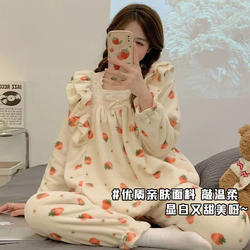 Women's Coral Fleece Pajama Set Long Sleeve Winter Warm Sleepwear Cozy Comfortable Flannel Loungewear Homewear Autumn Fashion