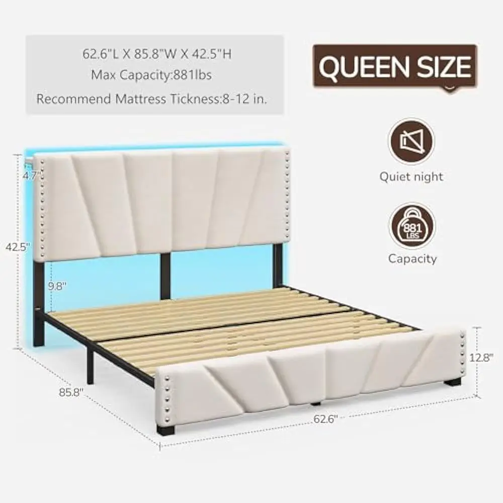LED Bed Frame, Velvet Storage Headboard with Charging Station, Easy Assembly Bed Frame w/Sturdy Wooden Slats Support, Noise-Free image 6