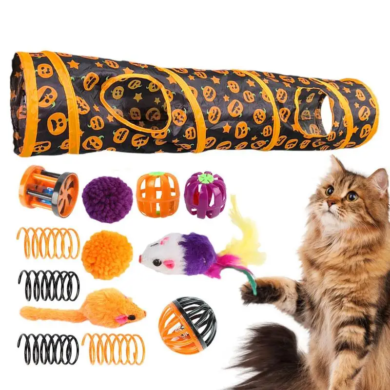 Cat Play Tunnels Halloween Peekaboo Cat Cave With Cat Toys Interactive Toy With Pumpkin Pattern For Small Animals Bored Cats