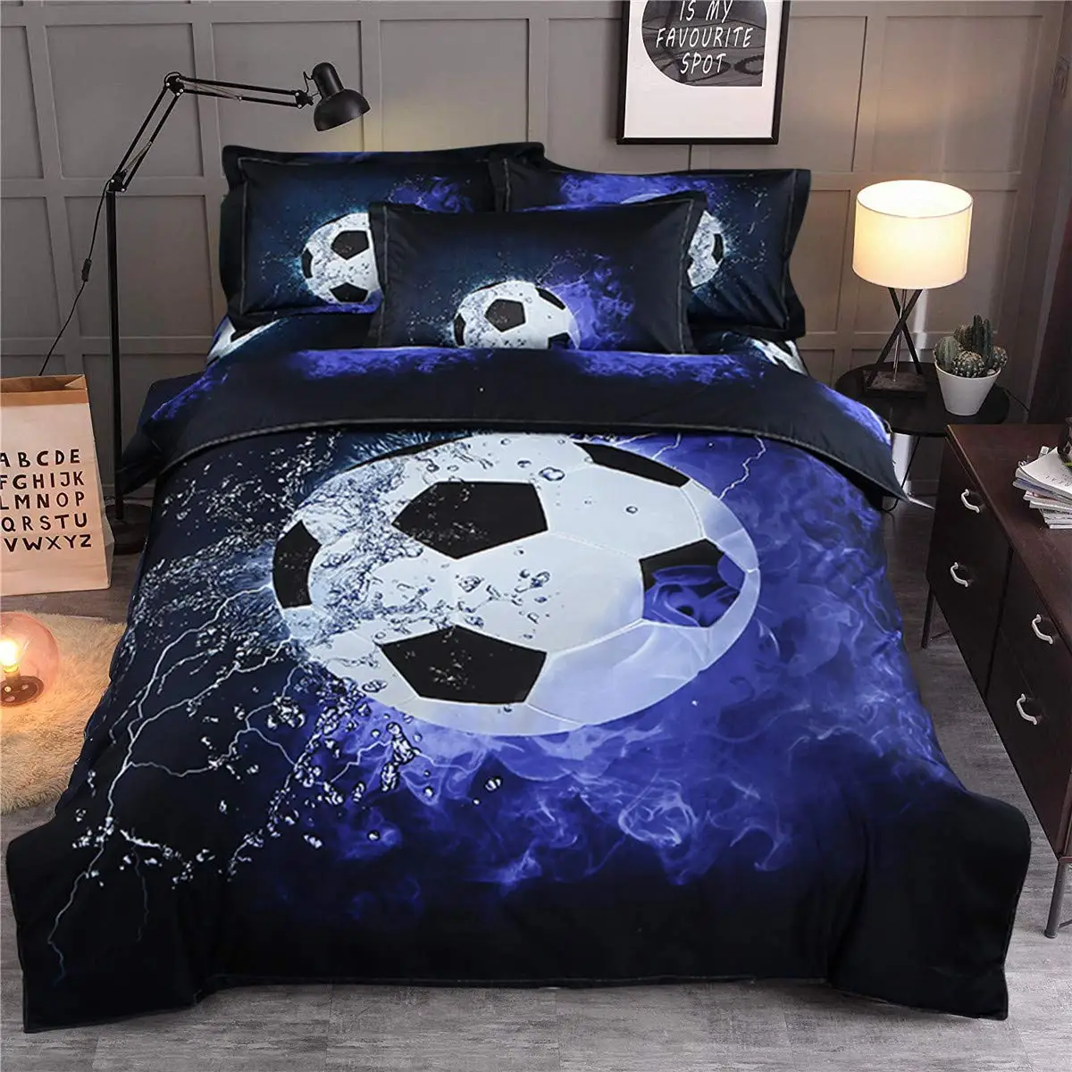 Blue Flame Soccer Duvet Cover Set Children Boys 3D Printed Football Quilt Cover Sets with 2 Pillowcases with Zipper Queen Size