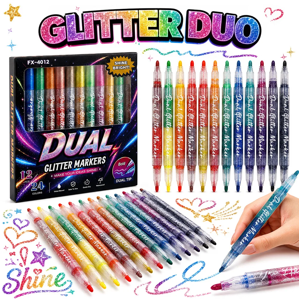 

12Pcs Dual Tip Glitter Markers 24 Colors Water-Based Shimmer Pens 2mm Hard Tip Drawing Card Making Art Crafts Light Dark Paper