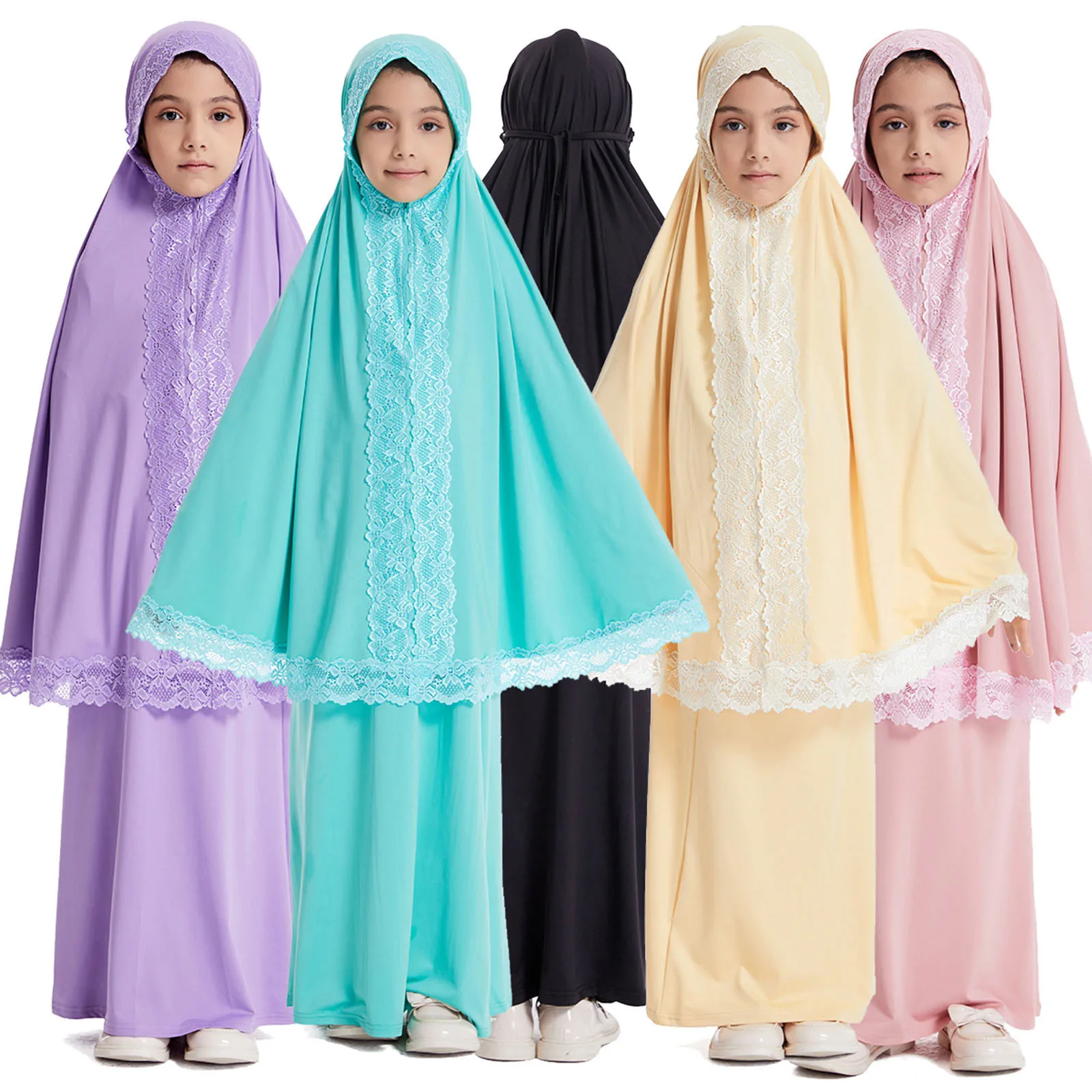 2 Piece Set Prayer Garment Lace Dress Robe Muslim Kids Girls Abaya Gowns Overhead Hijab Long Prayer Outfits Ramadan Arab Clothes