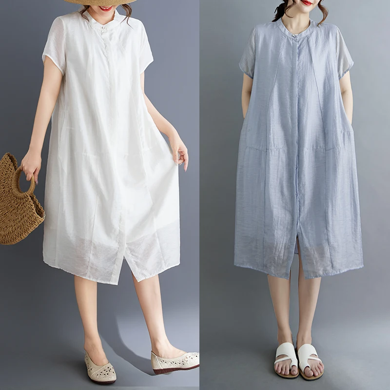 Slimming ort Sve irt Dr European Sle Loose Fit Faionable Age-Defng High-End Feel Thin Material Polyester Cott...