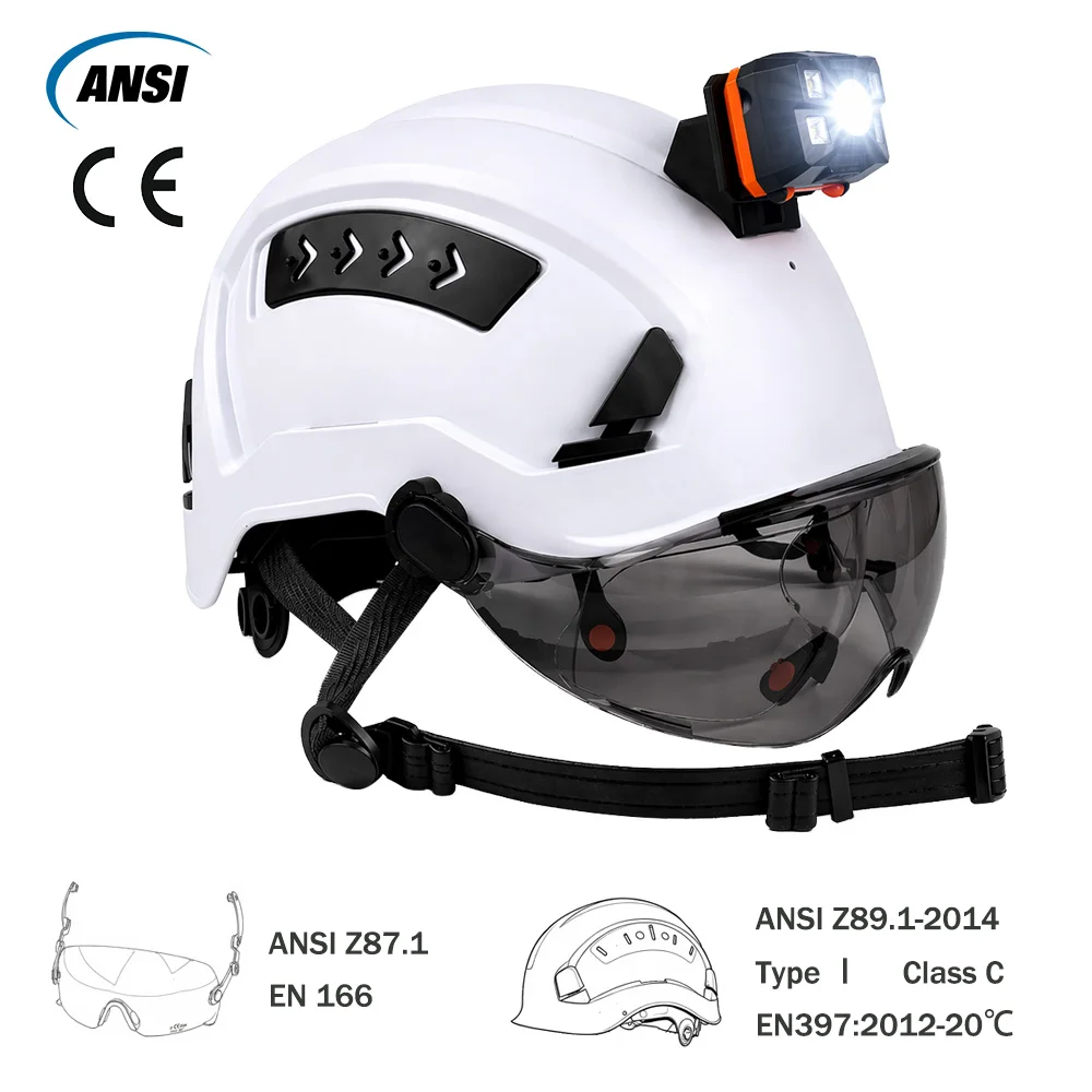 

ANSI CE Safety Helmet with LED Headlamp Double Visors Ventilated Construction Hard Hat Industrial Work Cap Protective Engineer