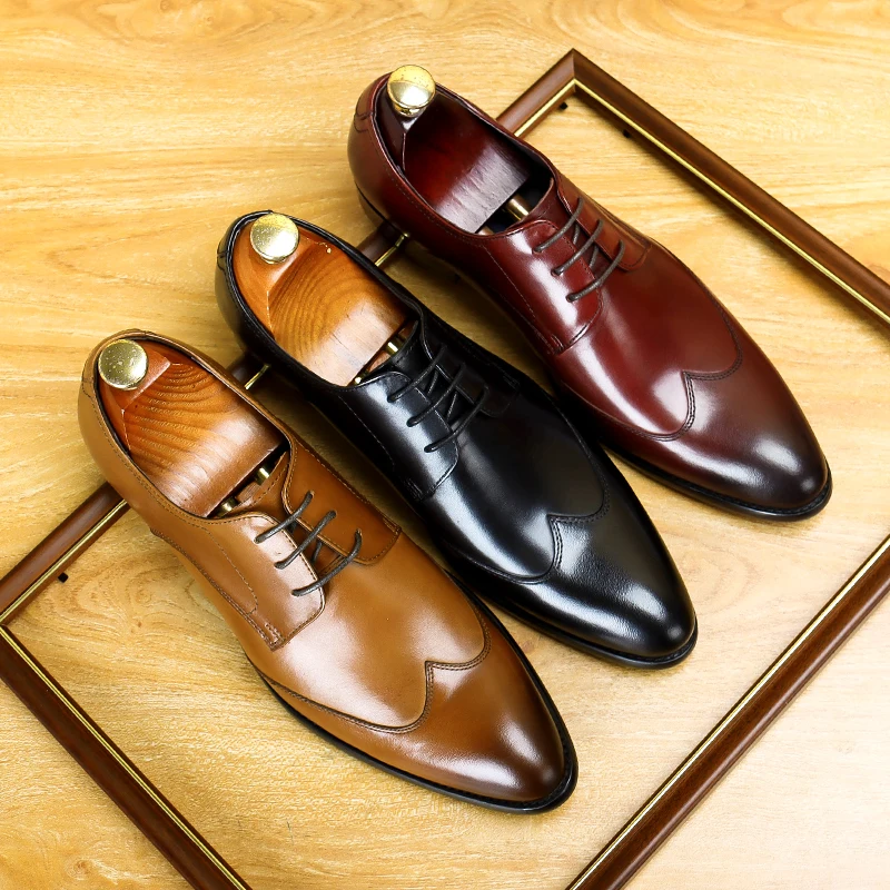 

Luxury Italian Style Business Casual Shoes Genuine Leather Black Derby Shoe Lace Up Footwear Formal Suit Men's Dress Shoes