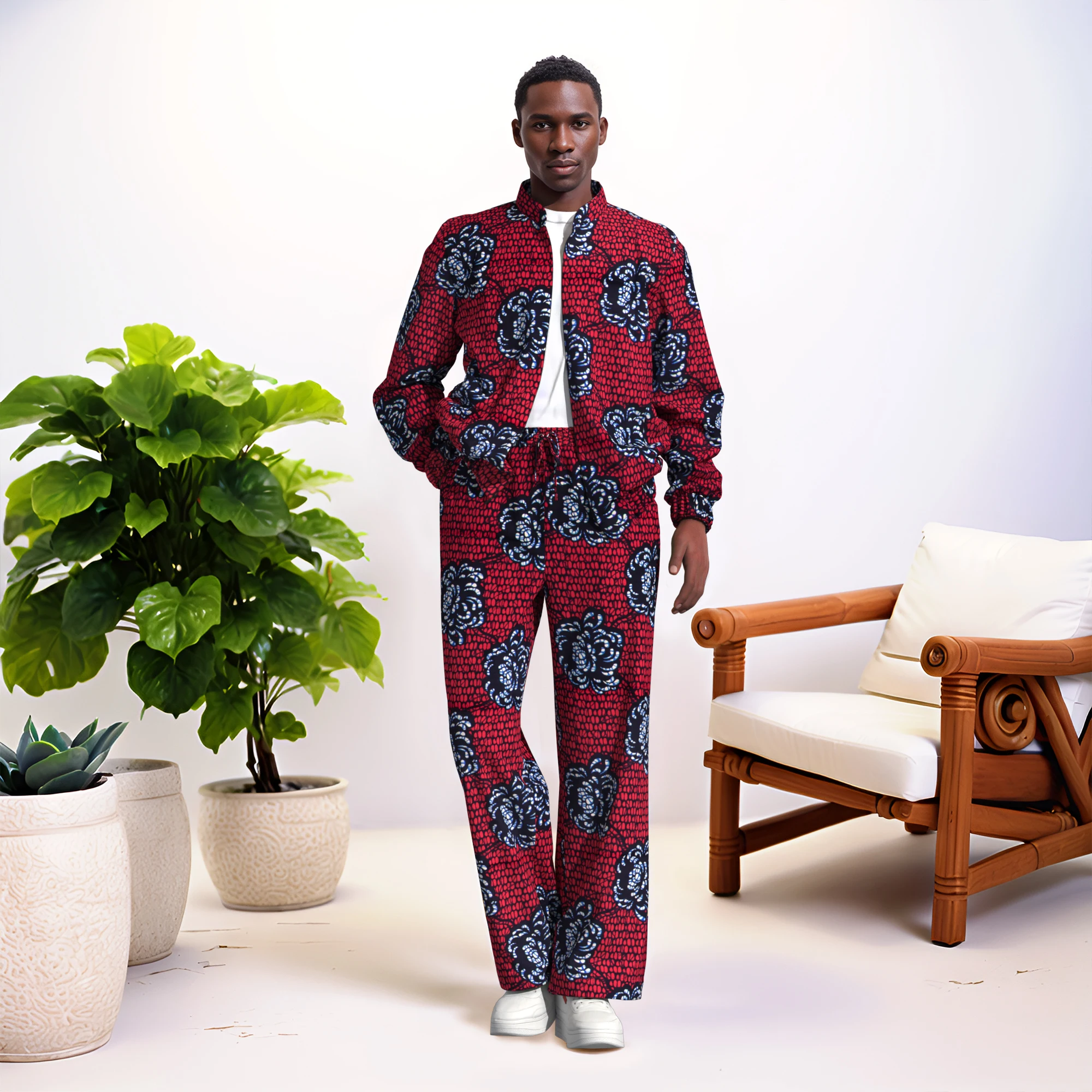 Kente Cloth Style Men's Set Vibrant Geometric Pattern Jacket and Pants African Style Casual Sportswear wyn2331