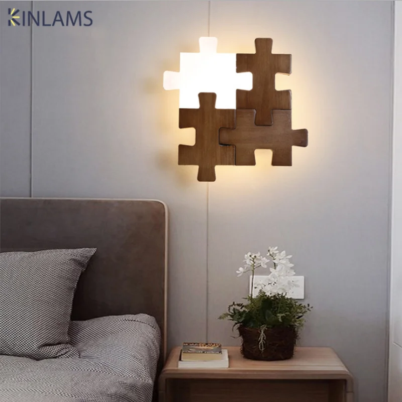 Creative Building Block Wall Lamp Bedroom Bed Wall Lamp Modern Simple Hallway Walnut Color Personality LED Wall Lamp